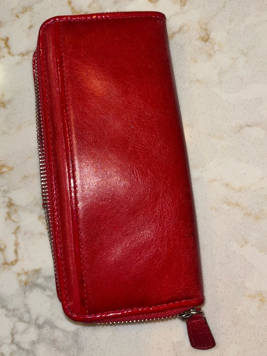 Brighton Red leather wallet featuring a decorative silver-toned snap closure. - Picture 13 of 16